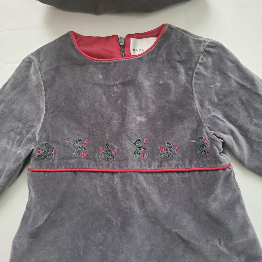 Maggie & Zoe Little Girls Velvet Holly Christmas Holiday Gray Dress With Hat 2T - Picture 5 of 13